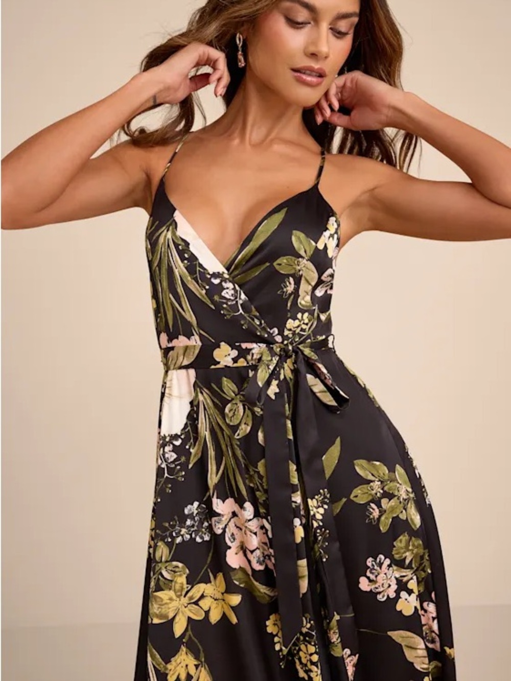 Lulu's Black Floral Wrap Maxi Dress with Green and Blush Print- NEW WITH TAGS XS - Picture 5 of 10